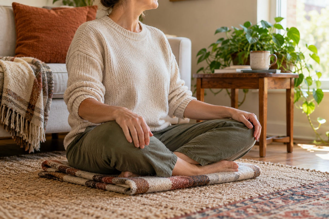 Middle-aged adult sitting cross-legged on a folded wool blanket in a warm living room