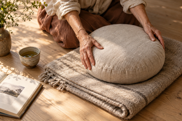Hands arranging a meditation cushion and folded wool blanket in warm morning light