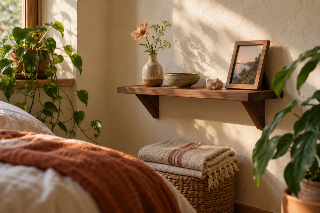 Simple wall-shelf meditation altar in a warm small bedroom corner