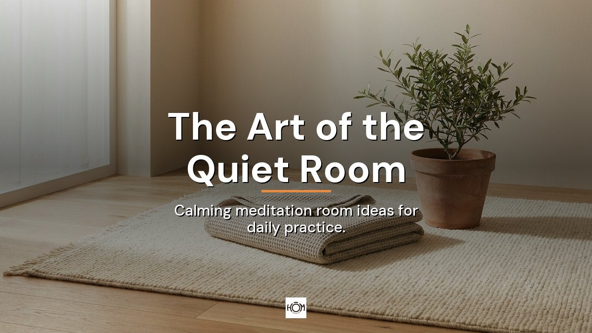 A serene meditation corner featuring a textured wool rug, folded linen blanket, and a small clay-potted plant.