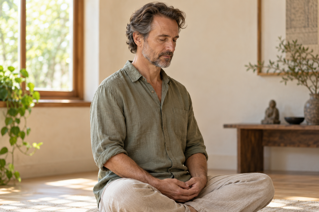 Man sitting cross-legged with relaxed shoulders and an upright posture in a naturally lit meditation space