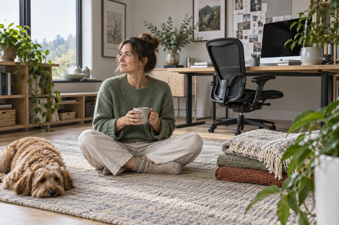 Woman sitting cross-legged on a rug beside a conventional office chair